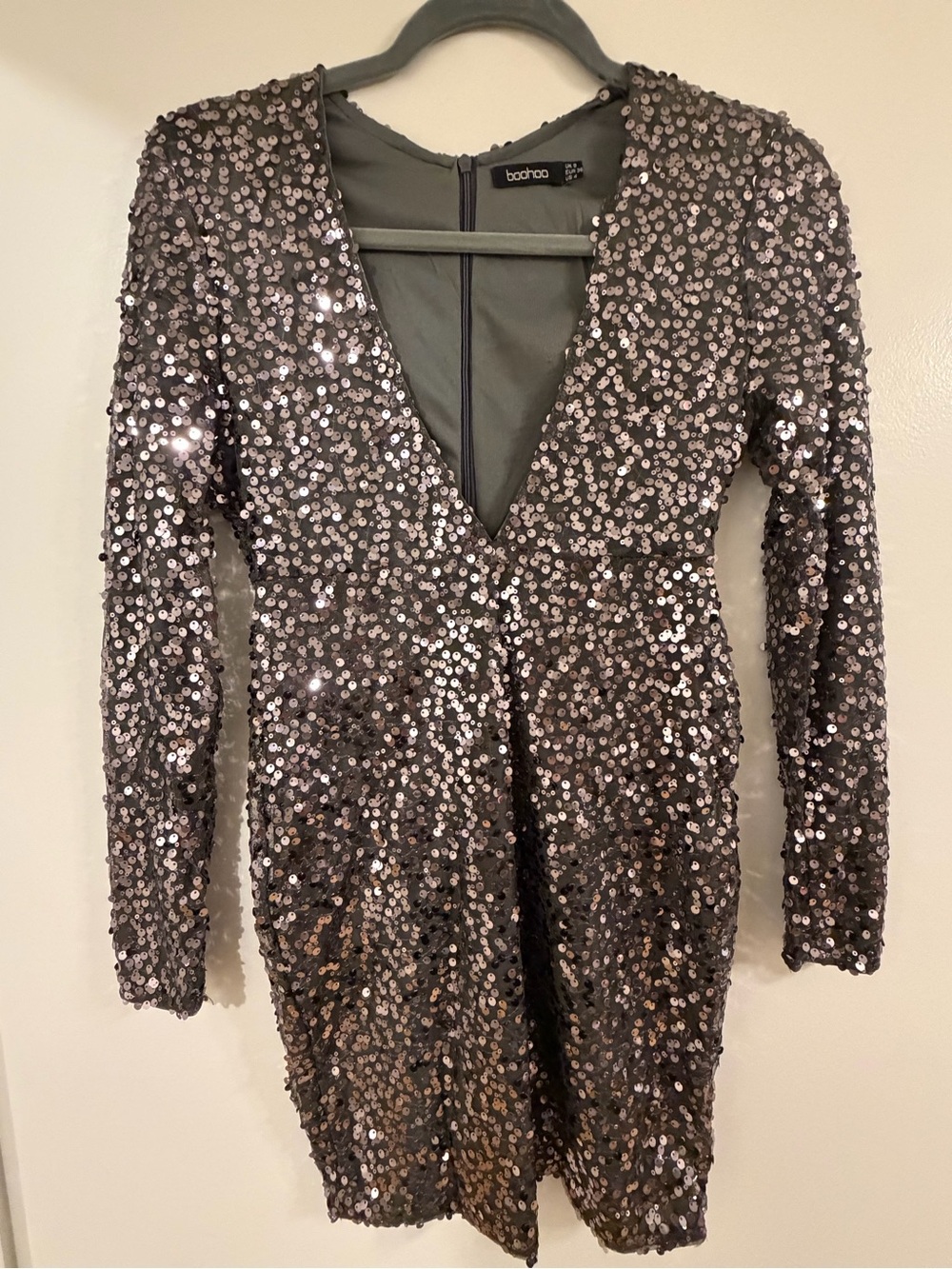 Boohoo Gunmetal Sequin Deep V Long Sleeve Mini Dress
